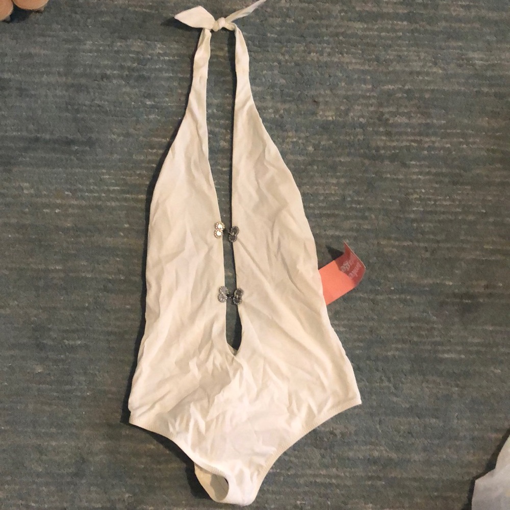 Size S white backless VTG swimsuit with glitter clasp buttons, found in Italy